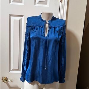 White House Black Market Azule Blue Tie neckline Blouse, small